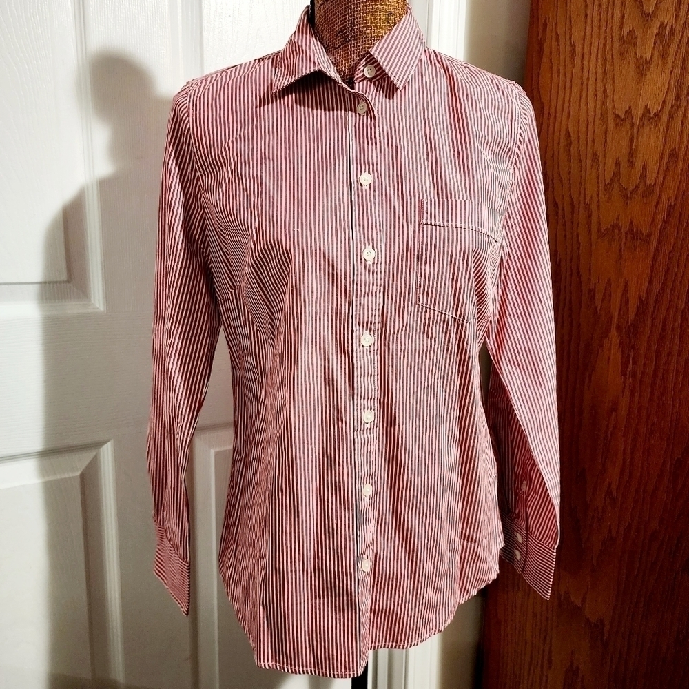 J. CREW Re-Imagined Classic Red White Striped Button Shirt Women's Small S EUC